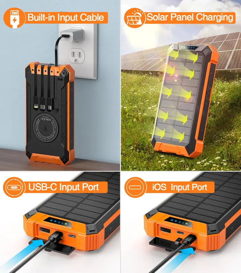 Multifunktions-Powerbank 20.000 mAh mit LED-Lampe, Solarpanel, kabellos Handy laden
